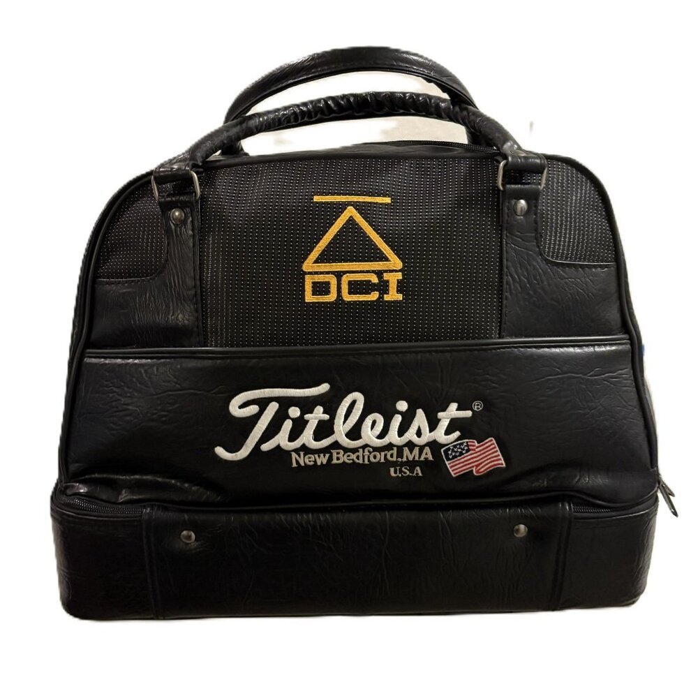 Vintage Titleist DCI Black Leather Duffel Bag With Embroidered Logo & USA Flag